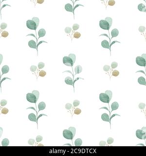 Carta digitale ad acquerello di eucalipto. Motivo verde senza cuciture su sfondo bianco. Foto Stock