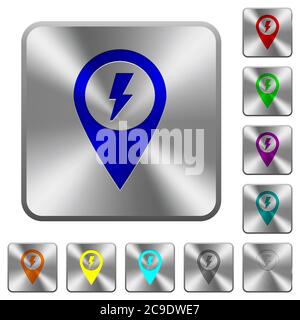 Posizione della mappa GPS di avvicinamento rapido icone incise su pulsanti quadrati arrotondati in acciaio lucido Illustrazione Vettoriale