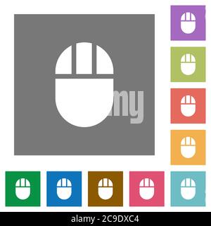 Tre icone piatte del mouse del computer con bottoni su sfondi quadrati di colore semplice Illustrazione Vettoriale