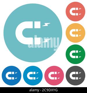 Icone bianche piatte con magnete a ferro di cavallo su sfondi rotondi Illustrazione Vettoriale