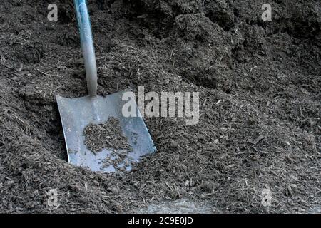 Una grande pala quadrata nera riposante su un pile di pacciamatura di legno nero Foto Stock