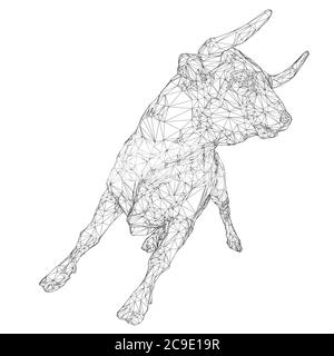 Struttura a reticolo di un toro in esecuzione. Il contorno di un toro arrabbiato da linee nere su uno sfondo bianco. 3D. Illustrazione vettoriale. Illustrazione Vettoriale