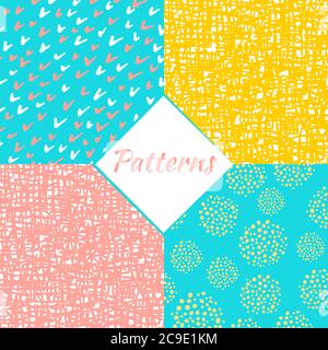 Motivi senza cuciture a mano libera su sfondo azzurro, giallo, rosa, nero e bianco. Disegno astratto. Illustrazione Vettoriale