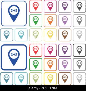 Gym GPS mappa posizione colore icone piatte in cornici quadrate arrotondate. Versioni sottili e spesse incluse. Illustrazione Vettoriale