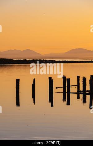 Guardando ad ovest da Steveston alle montagne dell'Isola di Vancouver nella British Columbia Canada Foto Stock