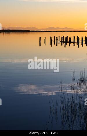 Pali di legno e un tramonto arancione guardando verso Vancouver Island da Steveston British Columbia Canada Foto Stock