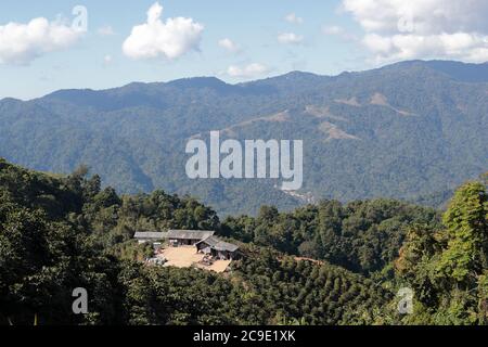 Shi ti villaggio, collina terreno agricolo, Contea di Yingjiang, sud-ovest Yunnan, Cina 25 dicembre 2018 - Myanmar in distanza Foto Stock