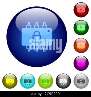 Icone hardware bloccate sui pulsanti rotondi in vetro di colore Illustrazione Vettoriale