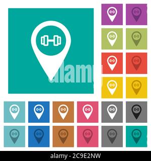 Gym GPS mappa posizione multi colorato icone piatte su sfondi quadrati. Incluse variazioni delle icone bianche e più scure per il passaggio del mouse o gli effetti attivi. Illustrazione Vettoriale