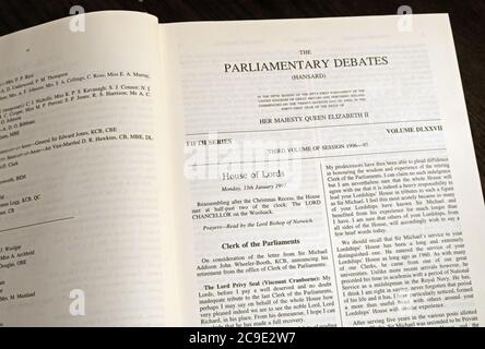 Relazione ufficiale, dibattiti parlamentari, The House of Lords , Hansard , Vol 545, Westminster , Londra, Inghilterra, UK,libri,volumi Foto Stock