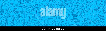 Estate spiaggia disegnata a mano banner senza giunture. Vacanza doodles su sfondo blu. Illustrazione Vettoriale