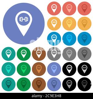 Gym GPS mappa posizione icone multi-colore piatto su sfondi rotondi. Sono incluse variazioni delle icone bianche, chiare e scure per gli effetti di stato attivo e del passaggio del mouse Illustrazione Vettoriale