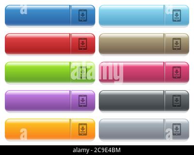 Icone di stile incise per il download mobile su pulsanti lunghi, rettangolari e lucidi. Copyspaces disponibili per le didascalie dei menu. Illustrazione Vettoriale