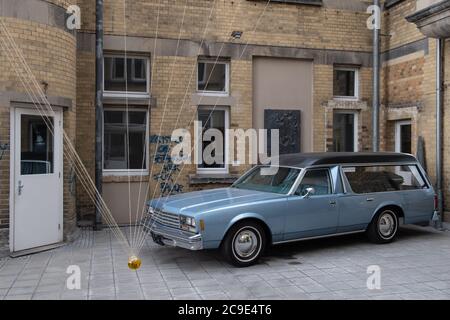 Kassel, Germania. 24 luglio 2020. L'oggetto 'cervello in olio' di fronte a una Chevrolet Impala come cuore nel Museo di Storia Culturale per la cultura sepolcrale. Il museo speciale, inaugurato nel 1992, è dedicato ai temi della morte, della morte, della sepoltura, del lutto e della commemorazione. Credit: Swen Pförtner/dpa/Alamy Live News Foto Stock