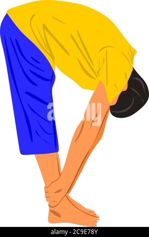 un uomo asiatico che fa esercizio di yoga isolato indossando abito giallo e blu. Illustrazione Vettoriale