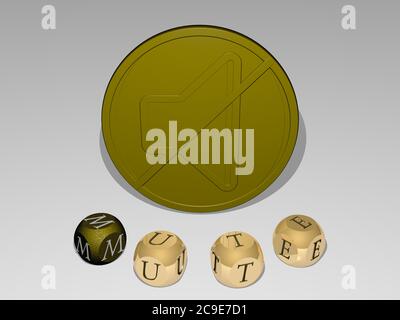 Immagine grafica 3D di MUTE verticalmente insieme al testo costruito intorno all'icona da lettere cubiche metalliche dalla prospettiva superiore, eccellente per la presentazione concettuale e le presentazioni. Illustrazione Foto Stock