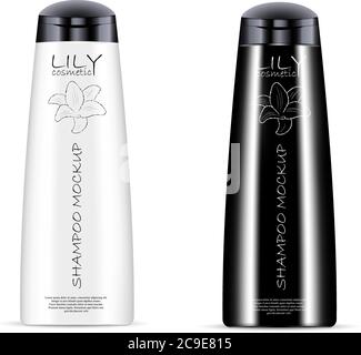 Set di bottiglie cosmetiche in bianco e nero per shampoo, gel doccia. Prodotti cosmetici di lusso con etichetta e logo campione. Illustrazione del mockup vettoriale. Illustrazione Vettoriale