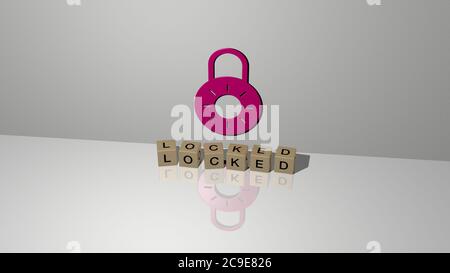 Immagine grafica 3D di bloccato verticalmente insieme a testo costruito da lettere cubiche metalliche dalla prospettiva superiore, eccellente per la presentazione concettuale e presentazioni. Illustrazione e porta Foto Stock