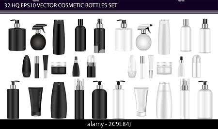 Set di mockup per bottiglie in bianco e nero. Illustrazione vettoriale maschere vuote in bianco e nero vaschette di plastica vuote: Bottiglie con spray, dispenser e. Illustrazione Vettoriale