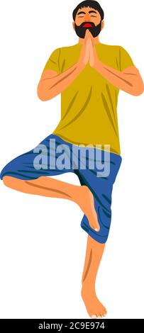 un uomo asiatico che fa esercizio di yoga isolato indossando panni uniformi di colore giallo e blu. Illustrazione Vettoriale