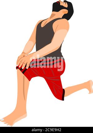 un uomo di cartoon asiatico che fa l'esercitazione di yoga isolato indossando la parte superiore grigia sotto l'indumento e la parte inferiore rossa. Illustrazione Vettoriale