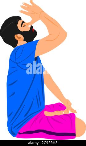 un'illustrazione asiatica dell'arte del giovane uomo che fa l'esercitazione di yoga isolata che indossa l'abito rosa e blu. Illustrazione Vettoriale