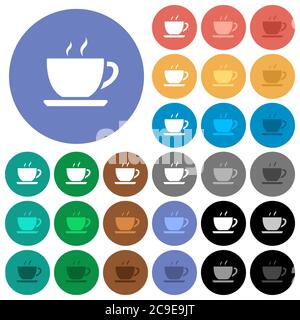 Tazza di caffè icone piatte multicolore su sfondi rotondi. Incluse variazioni delle icone bianche, chiare e scure per il passaggio del mouse e gli effetti di stato attivo e b Illustrazione Vettoriale