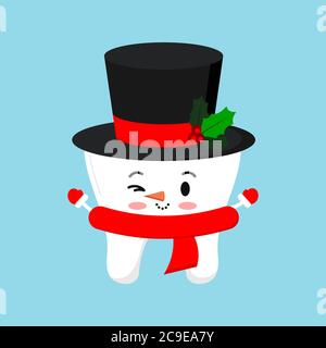Carino dente di chistmas in costume di pupazzo di neve - cappello nero con icona di sciarpa rossa mistletoe in stile piatto cartone animato isolato su sfondo. Illustrazione Vettoriale
