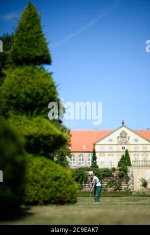 30 luglio 2020, Sassonia-Anhalt, Hundisburg: Giardiniere del paesaggio Anke Klaffehn erbacce in una broderie nel giardino barocco del Palazzo di Hundisburg. I primi edifici del Castello di Hundisburg furono già eretti nel XII secolo. Nel 1452 la famiglia von Alvensleben acquisì il complesso. Johann Friedrich von Alvensleben fece convertire l'Hundisburg in un palazzo barocco e stese il giardino barocco dell'architetto di Stato Braunschweig Hermann Korb alla fine del XVII secolo. Il Palazzo di Hundisburg e il giardino barocco fanno parte della rete 'Garden Dreams - Parchi storici in Sassonia-Anhalt' che ce Foto Stock