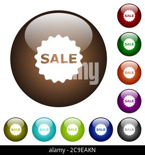 Badge di vendita icone bianche su pulsanti rotondi in vetro colorato Illustrazione Vettoriale