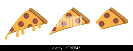 Set di fette di pizza fuse. Gocciolamento del formaggio su pizza fast food vettore illustrazione isolata Illustrazione Vettoriale
