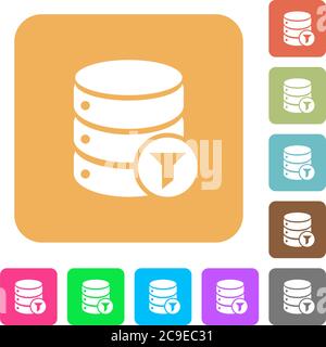 Filtro database icone piatte su sfondi quadrati arrotondati dai colori vivaci. Illustrazione Vettoriale