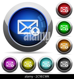 Invio di icone e-mail in pulsanti rotondi lucidi con cornici in acciaio Illustrazione Vettoriale