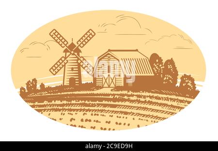 Disegno paesaggio rurale. Azienda agricola, agricoltura, concetto di cibo Illustrazione Vettoriale