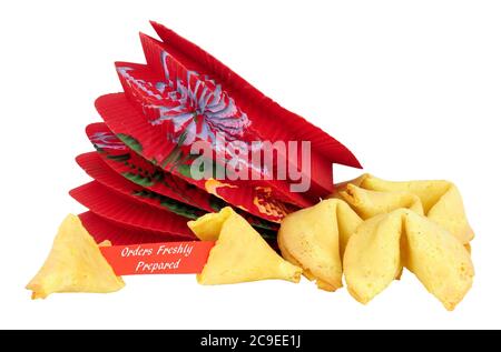 Fortune cookie con ordine ora e messaggio appena preparato isolato su uno sfondo bianco Foto Stock