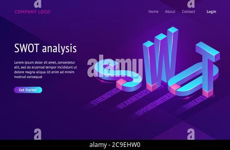 Pagina di destinazione isometrica SWOT con abbreviazione di parole analisi, punti di forza, debolezze, opportunità, minacce. Concetto aziendale, lettere 3d in piedi e in piedi su sfondo viola, banner Web vettoriale Illustrazione Vettoriale