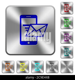 Invio di e-mail dal telefono cellulare icone incise su pulsanti arrotondati quadrati in acciaio lucido Illustrazione Vettoriale