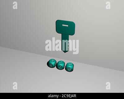 Immagine grafica 3D del TASTO in verticale insieme al testo realizzato da lettere cubiche metalliche dalla prospettiva superiore, eccellente per la presentazione concettuale e le presentazioni. Sfondo e illustrazione Foto Stock