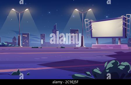 Grande cartellone vuoto sulla strada in città di notte. Vector Cartoon paesaggio urbano con strada vuota, luci di strada e bigboard pubblicità bianca con lampade. Grande poster di marketing Illustrazione Vettoriale