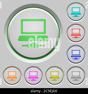 Icone a colori del computer di rete sui pulsanti affondati Illustrazione Vettoriale