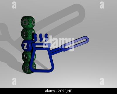 Rappresentazione 3D di cezve con icona sulla parete e testo disposto da lettere cubiche metalliche su un pavimento a specchio per il significato concettuale e presentazione slideshow. Caffè e illustrazione Foto Stock