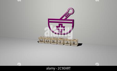 Rappresentazione in 3D di mortar con icona sulla parete e testo disposto da lettere cubiche metalliche su un pavimento a specchio per il significato concettuale e presentazione slideshow. Sfondo e pestello Foto Stock