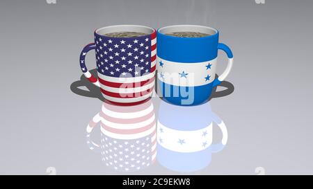 HONDURAS DEGLI STATI UNITI d'AMERICA messo su una tazza di caffè caldo in un'illustrazione 3D riflessa sul pavimento con una prospettiva realistica e ombre Foto Stock