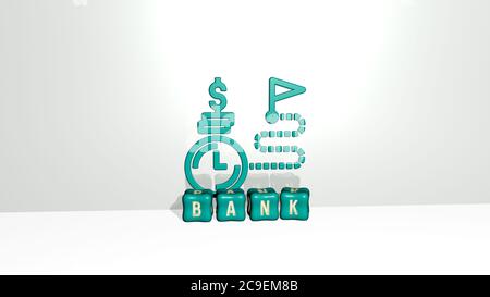 Immagine grafica 3D di BANK in verticale insieme al testo costruito da lettere cubiche metalliche dalla prospettiva superiore, eccellente per la presentazione concettuale e presentazioni. Business e illustrazione Foto Stock