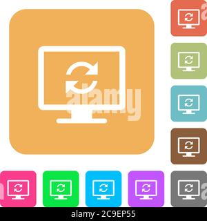 Aggiorna le icone piatte dello schermo su sfondi quadrati arrotondati dai colori vivaci. Illustrazione Vettoriale