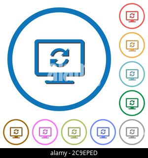 Aggiornare le icone vettoriali a colori piatti dello schermo con ombre in contorni rotondi su sfondo bianco Illustrazione Vettoriale