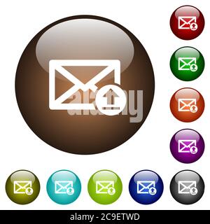 Invio di e-mail con icone bianche su pulsanti rotondi in vetro di colore Illustrazione Vettoriale