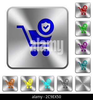 Icone incise per la spesa sicure su bottoni arrotondati quadrati in acciaio lucido Illustrazione Vettoriale