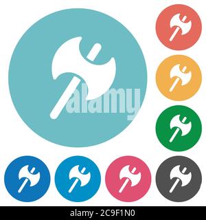 Due teste di battaglia ascia piatte icone bianche su sfondi tondi colore Illustrazione Vettoriale