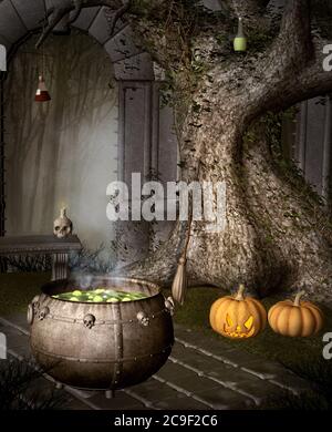 Cauldron di strega da un vecchio albero con con zucche di Halloween Foto Stock